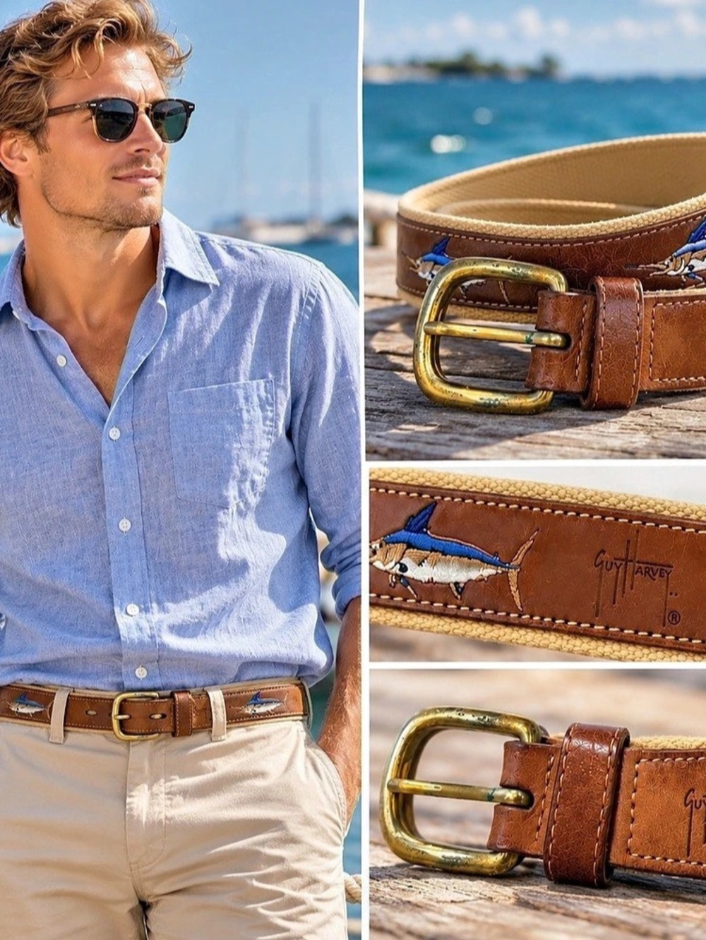 Guy Harvey 36 Embroidered Marlin Fish Leather Belt Utility Fishing Gorpcore Work
